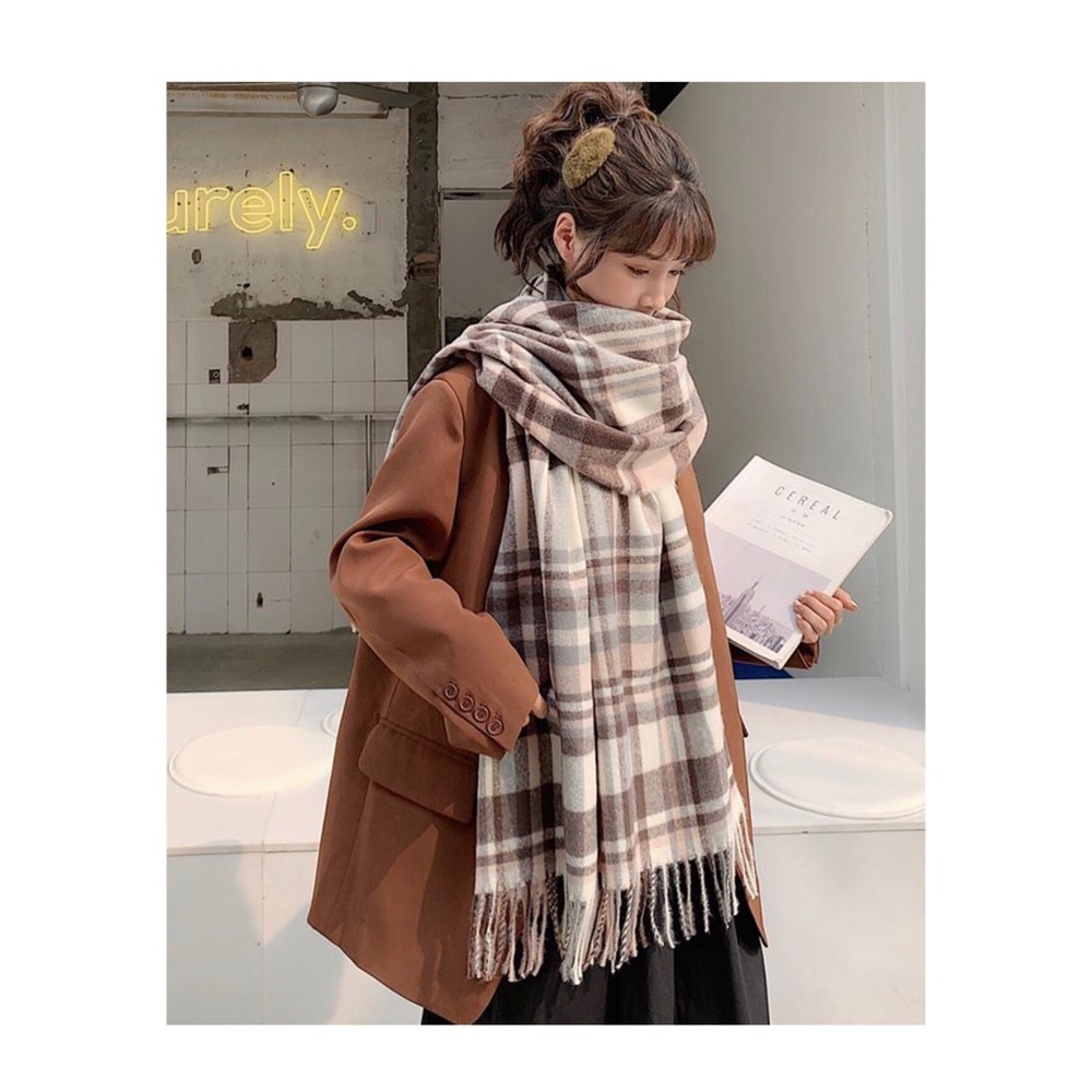 COFFEE CREAM BROWN PLAID WOOL SCARF